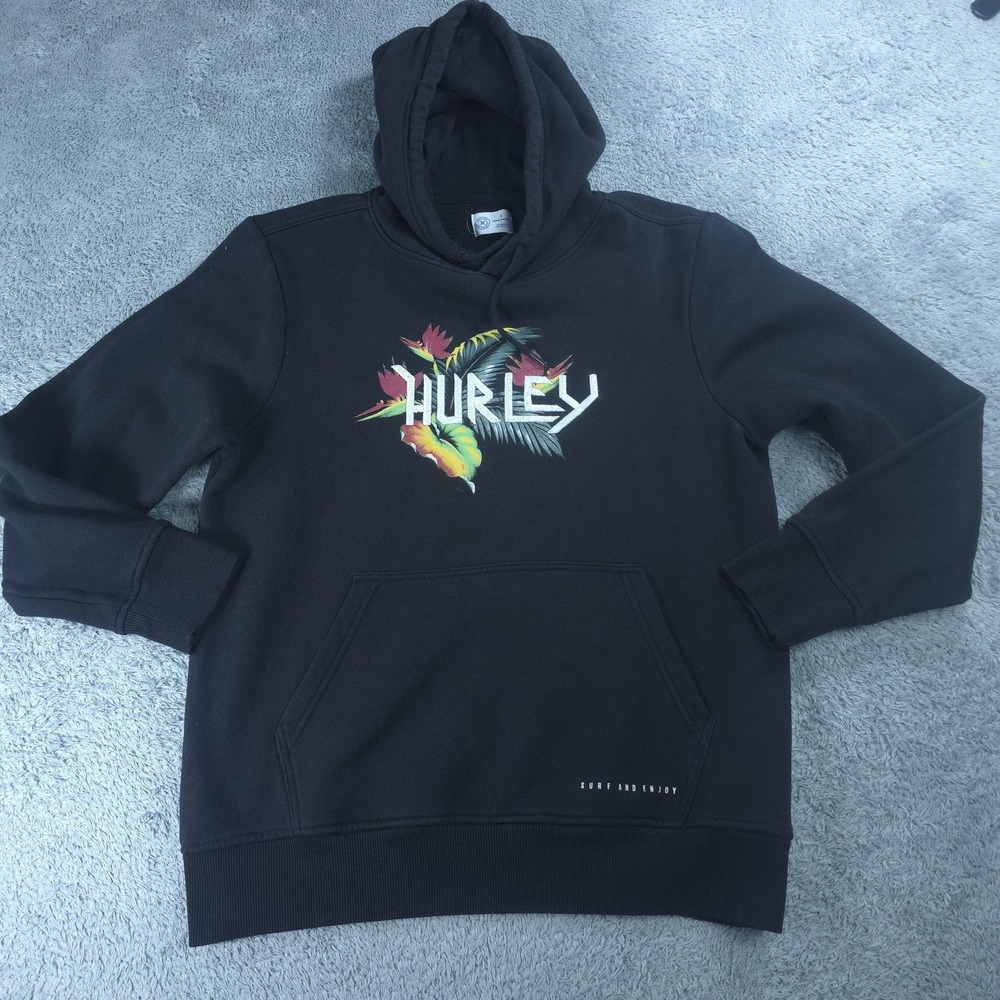 Hurley Hoodie Mens Small Black Floral Graphic Surf And Enjoy Cotton Blend